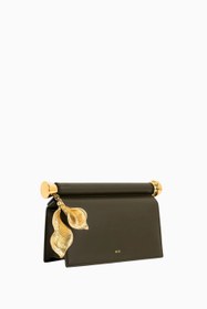 Resim Koyu Zeytin Vegan Deri Clutch,Metal Kolye Detaylı 