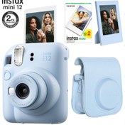 Resim Instax mini 12 Mavi Fotoğraf Makinesi-20'li Film-Çerçeve ve Deri Kılıf Seti 