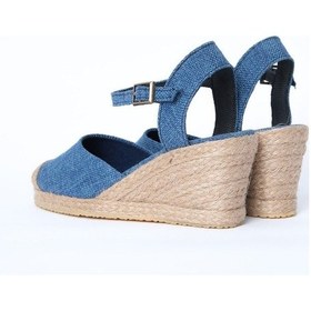 Resim Topuğu Açık Burnu Hasırlı Bilekten Bantlı Mavi Dolgu Topuk Keten Hasır Espadril Mavi 