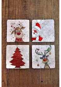 Resim Yeni Yıl - Yılbaşı Doğal Taş Bardak Altlığı Uv Baskılı 4'lü Set - Stone Coasters Çok Renkli 