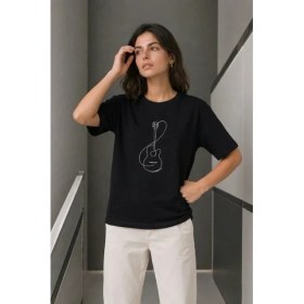 Resim Çamaşır Kenti Minimal Gitar Baskılı Tişört Tshirt Yazlık Kısa Kol Bisiklet Yaka Tshirt 
