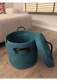 Resim Mavaux Armonia Deri Saplı Kapaklı Kirli Çamaşır Sepeti Düzenleme Sepeti Oyuncak Sepeti Petrolmavi 
