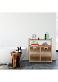 Resim Bambu 2 Bölmeli Kirli Çamaşır Sepeti 2 Raflı Banyo Düzenleyici Dolap Banyo Dolabı Bambu 