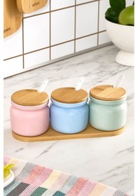 Resim Karaca Portobello Bambu Kapaklı 3'lü Tepsili Kaşıklı Baharat Takımı Renkli 