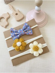 Resim Derinkids 3'lü Pıtırcık Çiçekli Hardal Krem Papatya Bebek Bandana Seti 