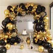 Resim 147 adet 112 adet, Siyah Metal Altın/metal Gümüş Balon Kemer Seti, Patlayan Yıldız Alüminyum Film Balonlar, Simli Balonlar, Doğum Günü Partileri, Düğün Mekanları, Yıldönümleri, İç ve Dış Mekan Aktiviteleri, Mezuniyet Kutlamaları için Uygun 