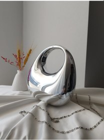Resim Vivazzaluxe Modern Tasarım Oval Tutmalı Küçük Boy Kadın Abiye El, Omuz Çanta Gümüş 