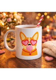 Resim Sevimli Corgi Desenli Porselen Kupa Model 44 Kalpli Gözlüklü Köpek Tasarımlı, Eğlenceli &amp Hediye Fikri Renkli 