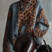 Resim Vintage Leopar Desenli Kontrast Renk Yüksek Yaka Bol Kesim Yumuşak Uzun Kollu Kadın Kazak 