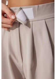 Resim Trend Alisse Beli Cırtlı Pileli Bol Paça Palazzo Kadın Pantolon Bej 