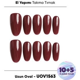 Resim 15'li Bordo Uzun Oval Uov1563 Tekrar Kullanılabilir El Yapımı Protez Takma Tırnak M 