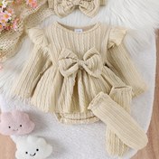 Resim Kız Çocukları İçin Düz Renkli Ribana Uzun Kollu Elbise, Çorap ve Başlık Takımı, Kurdele Detayı, Normal Beden, Sevimli Stil, Bebek Kız Kıyafeti, Bebek Kız Elbisesi, Dış Mekanlar İçin 