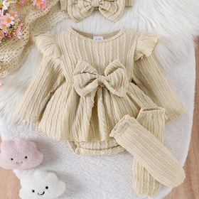 Resim Kız Çocukları İçin Düz Renkli Ribana Uzun Kollu Elbise, Çorap ve Başlık Takımı, Kurdele Detayı, Normal Beden, Sevimli Stil, Bebek Kız Kıyafeti, Bebek Kız Elbisesi, Dış Mekanlar İçin 