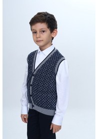 Resim Toontoy Kids Toontoy Erkek Çocuk V Yaka Düğmeli Triko Yelek - Diagonal Desenli Lacivert 