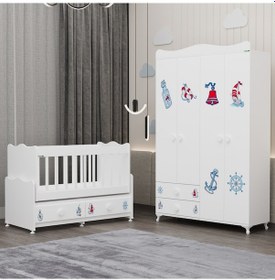 Resim Elegant Beşik Ve Yıldız 4 Kapaklı Dolap - Denizci Beyaz 