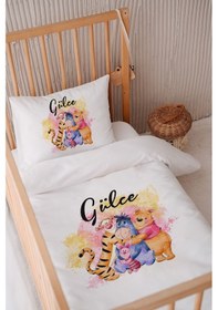 Resim %100 Pamuk Saten Isme Özel Isimli 100x150 Bebek Yatak Nevresim Seti Winnie Ve Arkadaşları 