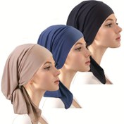 Resim Kadınlar için Polyester Elastik Baş Örtüleri - 3 Parça Set, Minimalist Stil, Düz Renk Günlük Başlıklar, Rahat Uyumluluk Müslüman Korsan Şapkaları, Tüy Yok, Karıştır ve Eşleştirme Baş Örtüsü Seti 