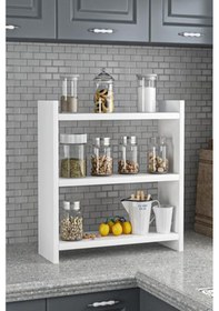 Resim Beyaz Renk 3 Katlı Modern Ahşap Tezgah Üstü Mutfak Baharatlık Rafı Ahşap 