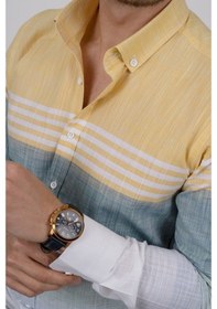 Resim Panolu Sarı Yeşil Slimfit Keten Erkek Gömlek Sarı 