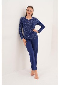 Resim Çift Kaplan Kadın Pamuk Modal Yıldızlı Açık Patlı Lacivert Pijama Takımı 7005 Lacivert 