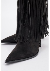 Resim Luvi Shoes Gueras Siyah Süet Püsküllü Sivri Burun Kadın Topuklu Çizme Sıyah Suet 