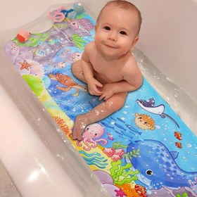 Resim Kaymaz Karakterli Küvet Paspası, Emme Kupa ve Drenaj Delikli, 101.6 x 40.64 cm Uzunlukte Banyo ve Duş Matı, Makinede Yıkanabilir, Mavi - Halobios 