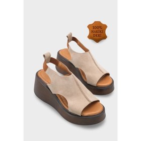 Resim Capone Outfitters Brena Hakiki Süet Çapraz Bantlı Dolgu Topuk Kadın Sandalet 