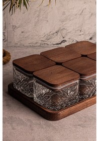 Resim Snippy Milla Kare 6'lı Vakumlu Kapaklı Tepsili Cam Kahvaltılık Ahşap - Şeffaf 