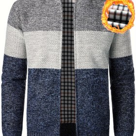 Resim Erkek Casual Yüksek Yaka Fleece Ceket, Renk Bloğu Örgü Polyester Kazak, Orta Esneme Zip-Up Sonbahar/Kış Dış Giyim, Normal Uygunluk ile Plaket Kapatma, Kalın 