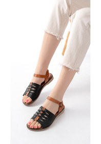 Resim 205-029 Siyah Ortopedik Hakiki Deri Kadın Sandalet Altın - Taba 