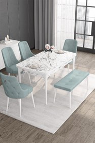 Resim Canisa Noa Serisi 80x132 Mdf Açılabilir Beyaz Mermer Desen Masa Takımı 4 Su Yeşili Sandalye Ve 1 Bench 