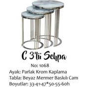 Resim Bengi Brc C Zigon Sehpa C 3'lü 1068 Beyaz Mermer Desen Metal Parlak Krom Ayak El Yapım 