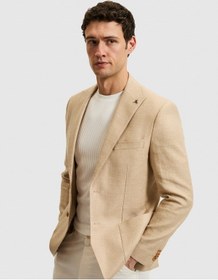 Resim Cacharel Bej Slim Fit Yün Keten Karışımlı Mikro Desen Kırlangıç Yaka Ceket 