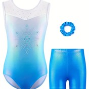 Resim Kız Çocuk Kar Tanesi Yapay Elmas Jimnastik Mayo Seti, Kolsuz Body ve Şort Saç Tokası ile, Esnek Ve Nefes Alabilir Dans Pratiği İçin, Açık Hava İçin 