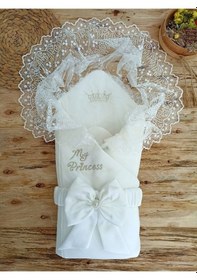 Resim Dantelli Bebek Kundağı Unisex Bebek Dış Kundak Battaniyesi Hastane Çıkışı Mevlütlük Kundak Ekru 