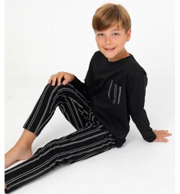 Resim Vitmo Erkek Çocuk Uzun Kollu %100 Pamuklu Cepli Pijama Takımı Drift Siyah 