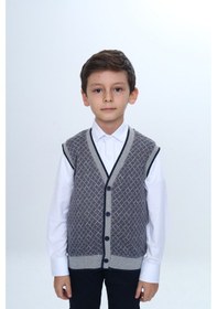 Resim Toontoy Kids Toontoy Erkek Çocuk V Yaka Düğmeli Triko Yelek - Diagonal Desenli Antrasit 