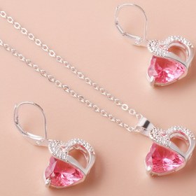 Resim Gümüş Kaplama Kalp Şeklinde Kolye ve Küpe Seti, Kadınlar için Sevgililer Günü Pendantlı Kolye ve Küpe Kombinasyonu 
