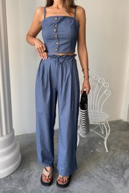 Resim TENCEL CROP ASKILI BLUZ - ŞALVAR PANTOLON TK - İndigo - İndigo / L 