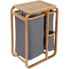 Resim Kirli Çamaşır Sepeti Ahşap - Bambu 3 Organizer Bölmeli Kumaş Çantalı 50x30x70cm 5399 Çok Renkli 