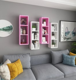 Resim Duvar Rafı Kitaplık Ofis Beyaz Pembe 4 Lü Karışık Takım Beyaz Pembe 