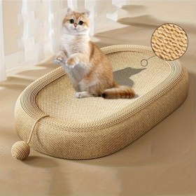 Resim Dayanıklı Oval Kedi Tırmalama Direği ile Kapalı Yatak Çerçevesi - Dayanıklı Sisal Halat, Çöp Olmayan, Sıcak Polar Astar, Etkileşimli Top Oyuncak - Sağlıklı Tırmalama, Kış Eğlencesi, Kedi Severler İçin Mükemmel Hediye, 6 Festivite Uygun, Dokuma Desen Tasarımı, Dayanıklı Malzeme 