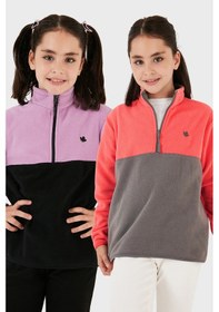 Resim Lela Yumuşak Dokulu Yarım Fermuarlı Renk Bloklu Dik Yaka 2'Li Paket Çocuk Polar 5905004S2 Lila Siyah-Somon Gri 