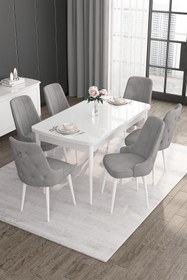 Resim Canisa Concept Noa Serisi 80x132 Açılabilir Mdf Beyaz Masa Takımı Ve Gümüş Halkalı 6 Gri Sandalye 