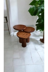 Resim Simillo Home&Living Wood Wooden Ahşap 3’lü Set Fitilli Mantar Yan Sehpa Modern Meşe Renk Fiskos 