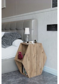 Resim Alpa Ev Mobilya Altıgen Komodin, Modern Başucu Sehpası, Dekoratif Raflı Komodin Kitaplık Atlantik Çam 