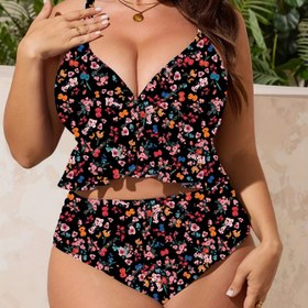 Resim Plus Beden V Yaka Çiçek Desenli Bikini Takımı, Fırfır Detaylı Yüksek Bel Alt Parça Tatil, Yaz Plajı, Havuz ve Bikini Partisi İçin 
