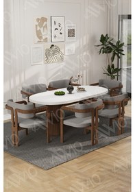 Resim Avvio Arion Serisi Bohem Ayak 6'lı Tokyo Metal Demonte Sandalye 80x160 Masa Sandalye Takımı Beyaz Masa Sandalye Kahve Kumaş Gri 