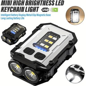 Resim 1PC Mini Elde Taşınabilir Fener, Şarj Edilebilir Anahtarlık Işığı, Süper Parlak LED Klipsli Kapak Işık, Güç Göstergeli Çok Fonksiyonlu Yüksek Güçlü Fener, Metal Arka Klips, Manyetik Taban, Noel İçin En İyi 