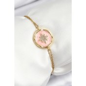 Resim 316L Çelik Zincir Pembe Mineli Sanatsal Portre Kuzey Yıldızı Model Gold Renk Kadın Bileklik 